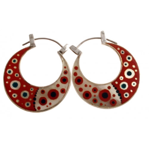 Red Hoops Hand Painted Earrings Mother of Pearl Silver