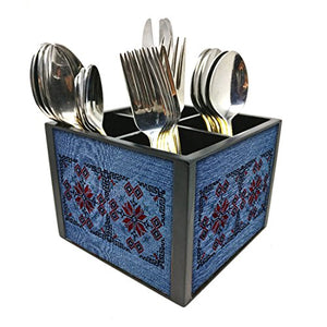 Nutcase Designer Cutlery Stand Holder Silverware Caddy-Spoons Forks Knives Organizer for Dining Table & kitchen W-5.75"x H -4.25"x L-5.5" - Blue Floral Pattern