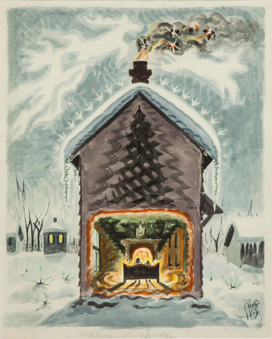 A watercolor painting shows a cross section of a cabin shows the backs of two people cozing in front of a glowing warm fire and a decorated pine tree while outside there are mounds of snow. Overhead white reindeer shaped clouds cavort in the woodsmoke trails across a a frosty blue-gray sky.