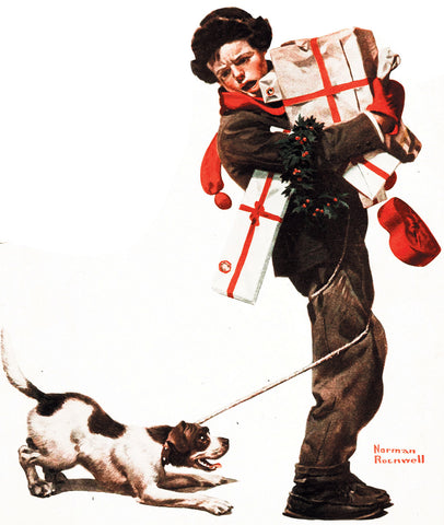 A light skinned boy in brown clothes with a red scarf struggles to hold a big armload of red and white wrapped holiday presents while also trying to hold his white and brown spotted dog who has playfully wrapped its leash around the boy's legs.