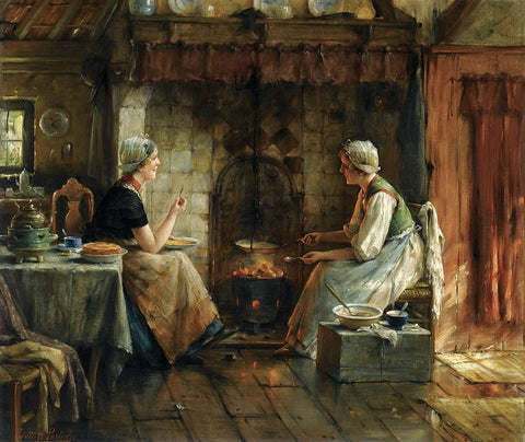 Two women in 18th century working clothes share a friendly, intimate conversation and tasty tea cake next to a warm kitchen hearth with a merry fire burning