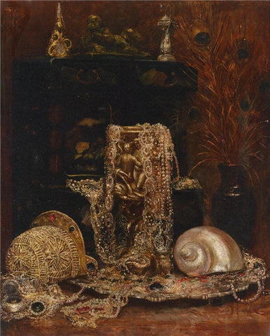 An opulent still life painting in rich browns and golds features an open jewelry casket on a silver tray spilling over with shimmering pearl, diamond, and gold necklaces, brooches and other jewelry with rubies and sapphires. To the right a large pearl nautilus shell glows with soft silvery luminesce. In the background and on a central golden goblet are faintly depicted nude sculptural figures embracing.