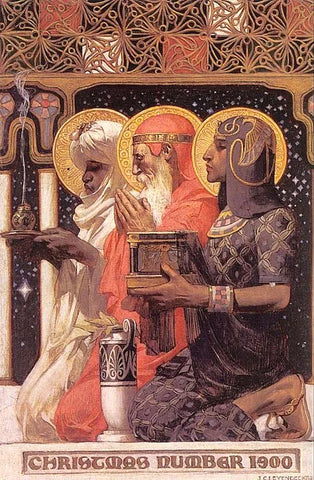 Three Multiracial Magi kings kneel side by side. The dark brown Ethiopian king wears luminous white robes decorated with a large pearl and holds an incense burner of precious frankincense. Next to the king in white is an older, white bearded light skinned Persian King wearing red robes and a golden circlet on his head. He is holding a gift of gold in his cupped hands. Next to the red robed king is a medium brown skinned Indian king wearing ornate gold and black clothing with Egyptian motifs and a beautifully jeweled bracelet. He is holding a decorated box containing precious myrrh.