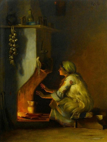 A woman in casual 18th century working clothes sits meditatively in front of an open hearth and holds her hands out to the gentle heat of the flames - is she simply warming them or is she casting a blessing?