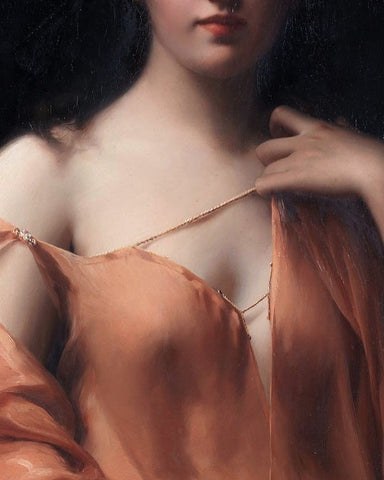 A pale skinned woman with dark hair wearing a diaphanous orange silken gown delicately loosens a tie to reveal the smooth expanse of her shoulder and the curved top of her breast.