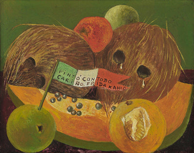 A still life painting tableau of fruit - in the front a lime and an orange with a hole in it revealing the fleshy segments within; behind the citruses is a slice of freshly cut orange and green papaya flecked with black seeds; behind the papaya are two fuzzy brown coconuts with a round red fruit and another lime balanced on them. Coconut water droplets falls softly like tears from the "eyes" on the bottom of one of the coconuts. There is a small flag stuck into the front lime, which reads “Pinto con todo carino. Frida Kahlo”, meaning: Painted with great affection. The painting background is a flat verdant green.