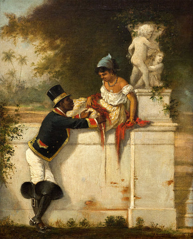 A black gentleman in finely tailored 19th century clothing flirts hopefully with a black woman in a pretty summer dress and red shawl perched on top of a sculpted marble wall.