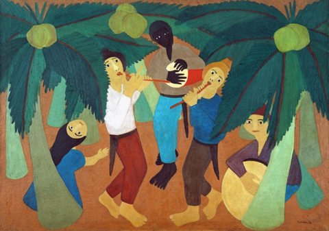 A multiracial group of five people gather together to dance barefoot while playing flutes and drums beneath three green coconut palm trees laden with fruit.