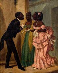 A black gentleman in formal evening attire delightedly greets a well-to-do young black woman in an opulent, shoulder bearing pink evening gown who is returning his smile while an older woman, possibly a mom or aunt in an green evening gown and golden shawl watchfully chaperones the whole situation from the sidelines