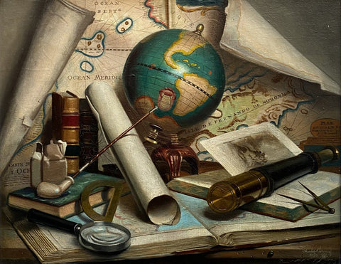 A still life tableau of a cartographer's jumbled desk with curling maritime charts, a terrestrial globe, open atlas, leatherbound books, old brass telescope, and compass