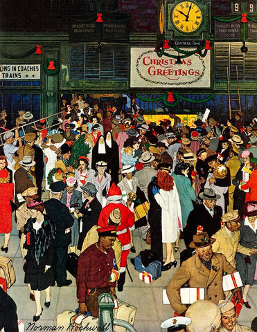 A bustling train station in Chicago vibrates with a crowd of people, a chaos of Christmas shopping parcels and pine wreaths, and the joy of sweethearts and families greeting returning WWII servicemen