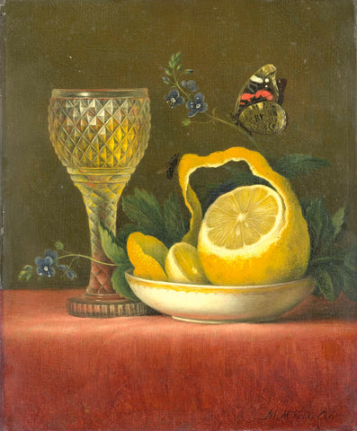 a half peeled lemon sits in a bowl next to an ornate glass of lemonade. A butterfly spreads its wings overheard