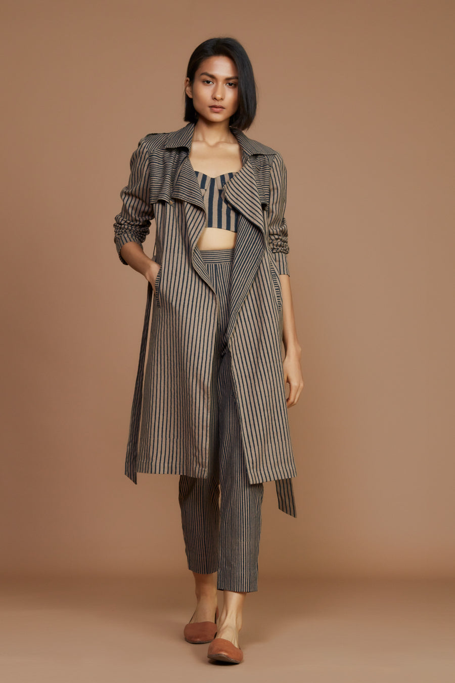 Brown With Charcoal Striped Trench & Corset Co-Ord Set (3 Pcs)