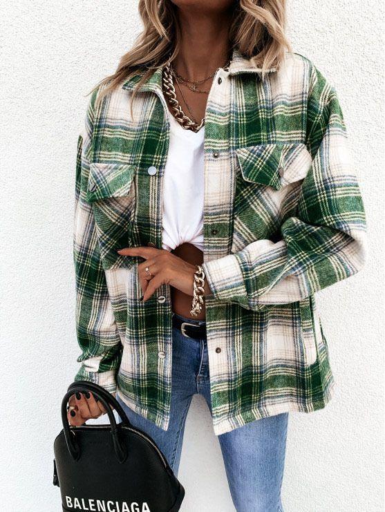 Blend Wool Brushed Plaid Pattern Shacket Collared Flannel Shirt Jacket ...
