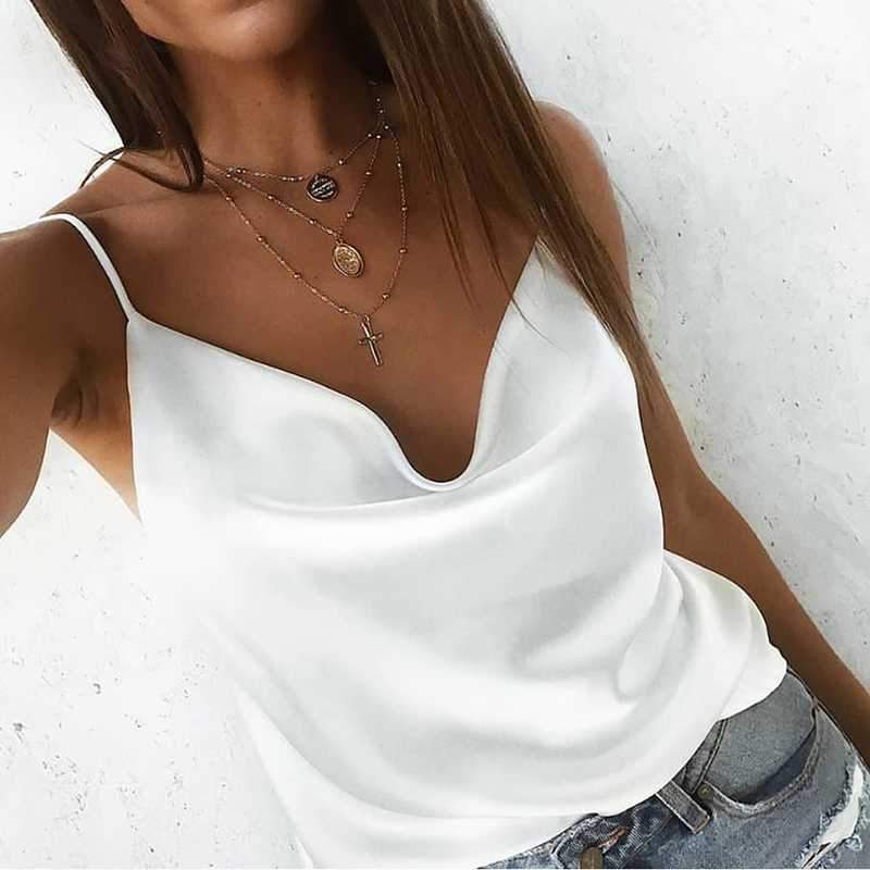 Relaxed Adjustable Spaghetti Strap Cow Neck Silk Satin Cami Camisole T ...