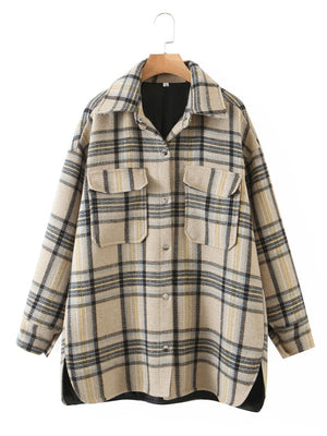 Blend Wool Brushed Plaid Pattern Shacket Collared Flannel Shirt Jacket ...