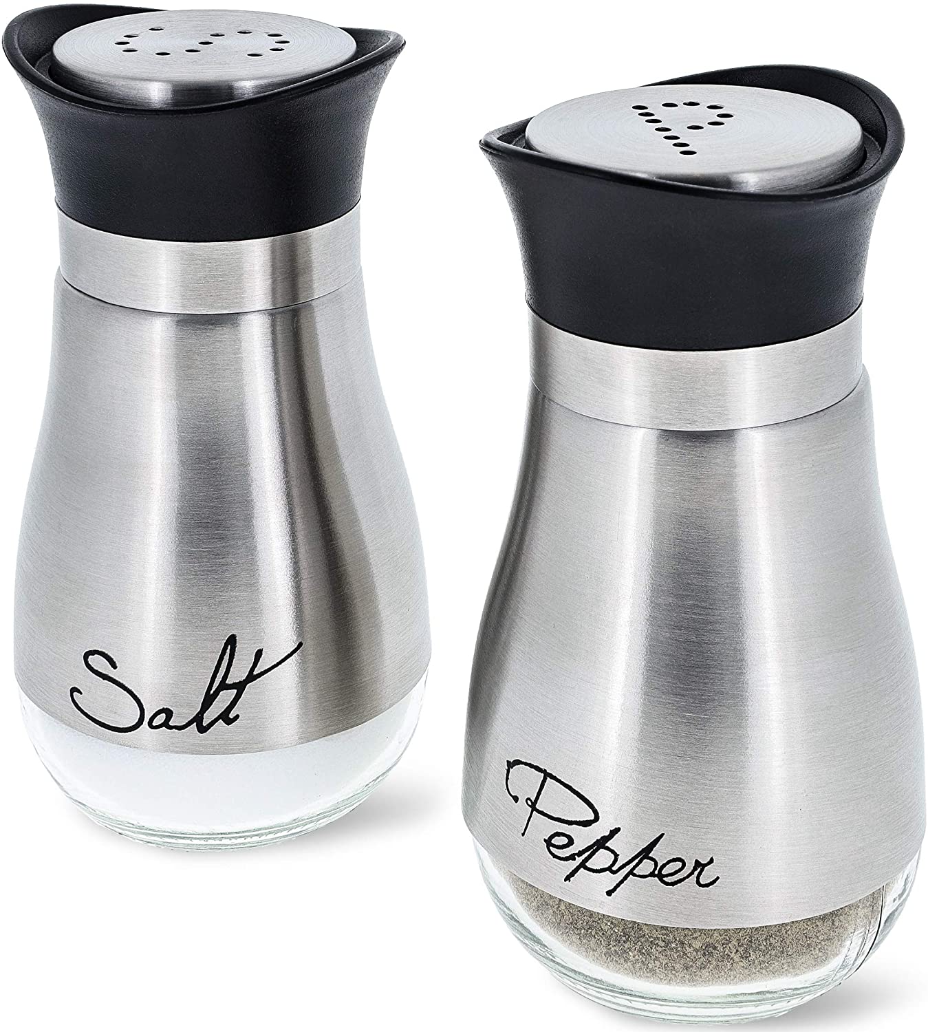 Stainless Steel Salt and Pepper Shaker Set with Glass Bottom, Perforated  S and P Caps - Modern Kitchen Counter Decor (4oz)