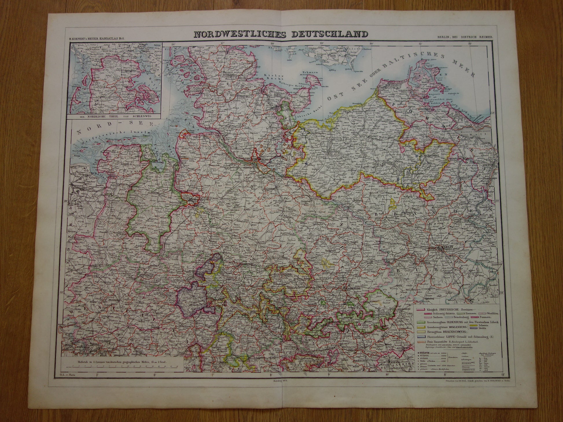 Grote oude landkaart noord Duitsland in 1874 originele a –