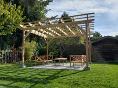 Cedar pergola in backyard