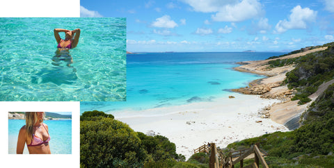 Floral Pink and wine eco friendly reversible bikini at Blue Haven beach in Esperance Western Australia