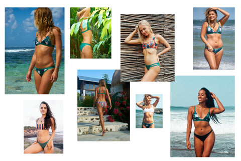 Jungle/ green reversible surf bikinis made from recycled ocean plastics