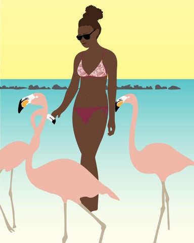 Girl in an eco friendly pink floral reversible fixed triangle bikini top and classic cut bikini bottom surrounded by flamingos  