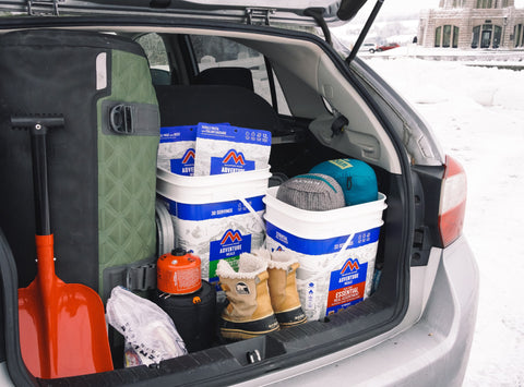 Mountain House buckets in the trunk.