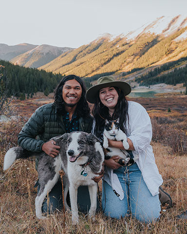 Mountain House Ambassadors Alan and Glen with pets in mountain valley