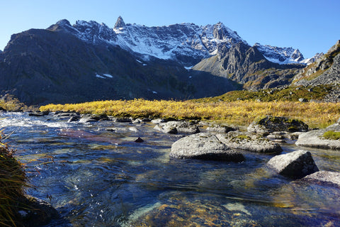 Alaska river rocks in mountains.