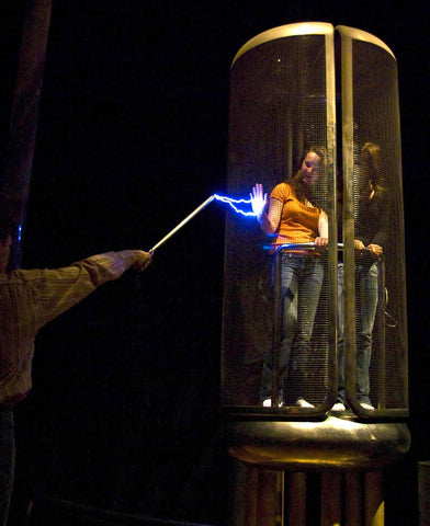 Faraday cage protecting two girls from electricity.