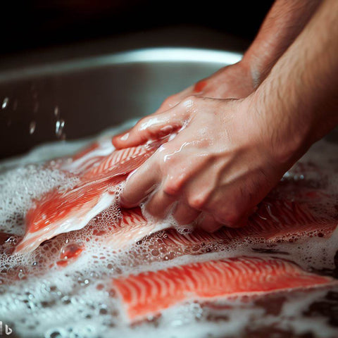 Hand-washing fish meat.