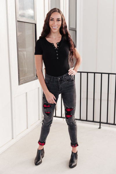 Plaid Peek-A-Boo Jeans in Charcoal-Womens-Krush Kandy, Women's Online Fashion Boutique Located in Phoenix, Arizona (Scottsdale Area)