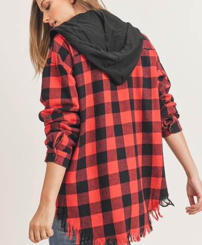 See You Soon Fray Hooded Flannel | S-3X, 4 colors-CJC Import-Krush Kandy, Women's Online Fashion Boutique Located in Phoenix, Arizona (Scottsdale Area)