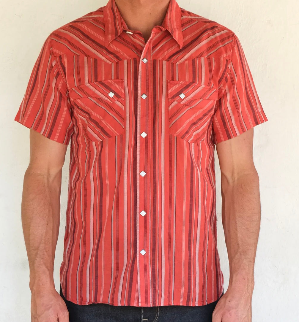 Vintage Blue and Red Stripe Short Sleeve Pearl Snap