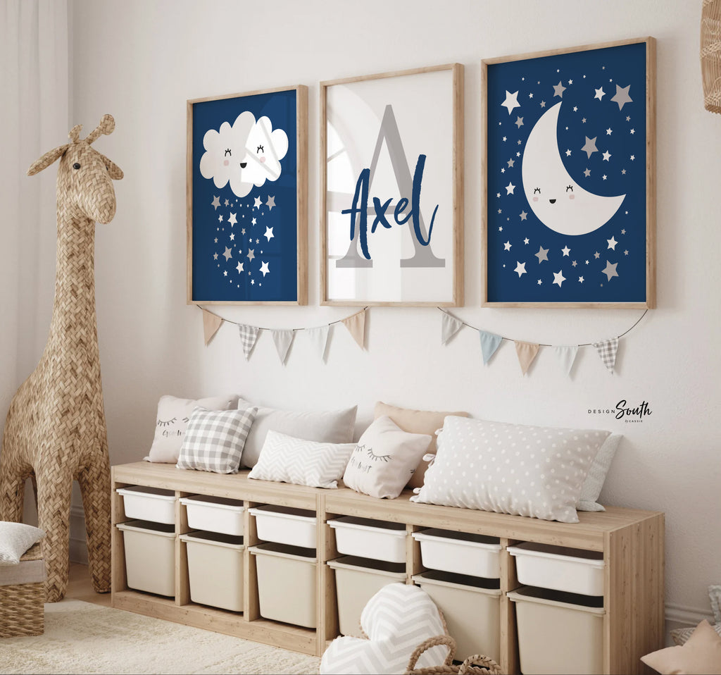 Celestial theme nursery decor, boys blue nursery wall art prints