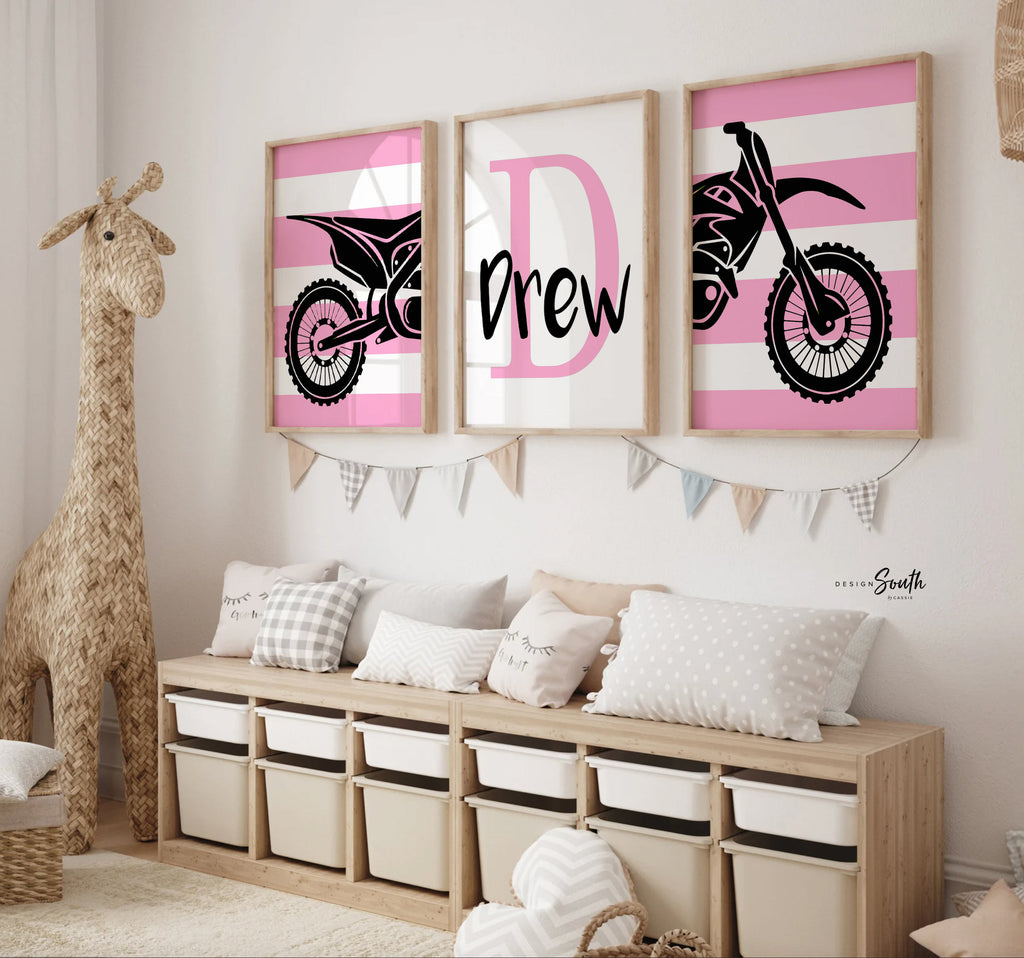 Pink dirt bike room decorating ideas, customized name motocross