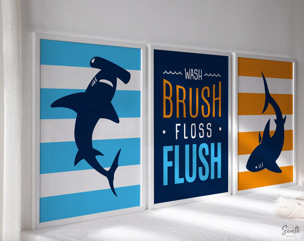 Shark bathroom, wash brush floss flush, boys bathroom prints, orange a –  Design South