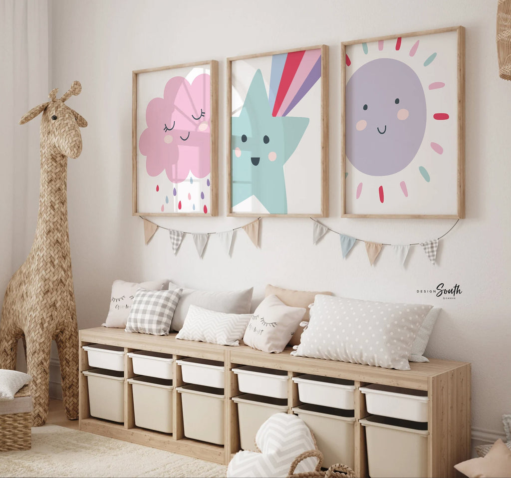 Pastel nursery decor, shooting star wall art, nursery bedroom