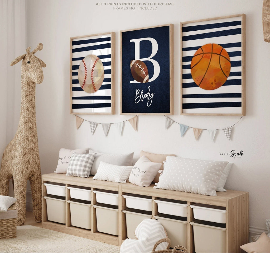 Sports wall art navy blue and orange, retro sports decor gift, sports –  Design South