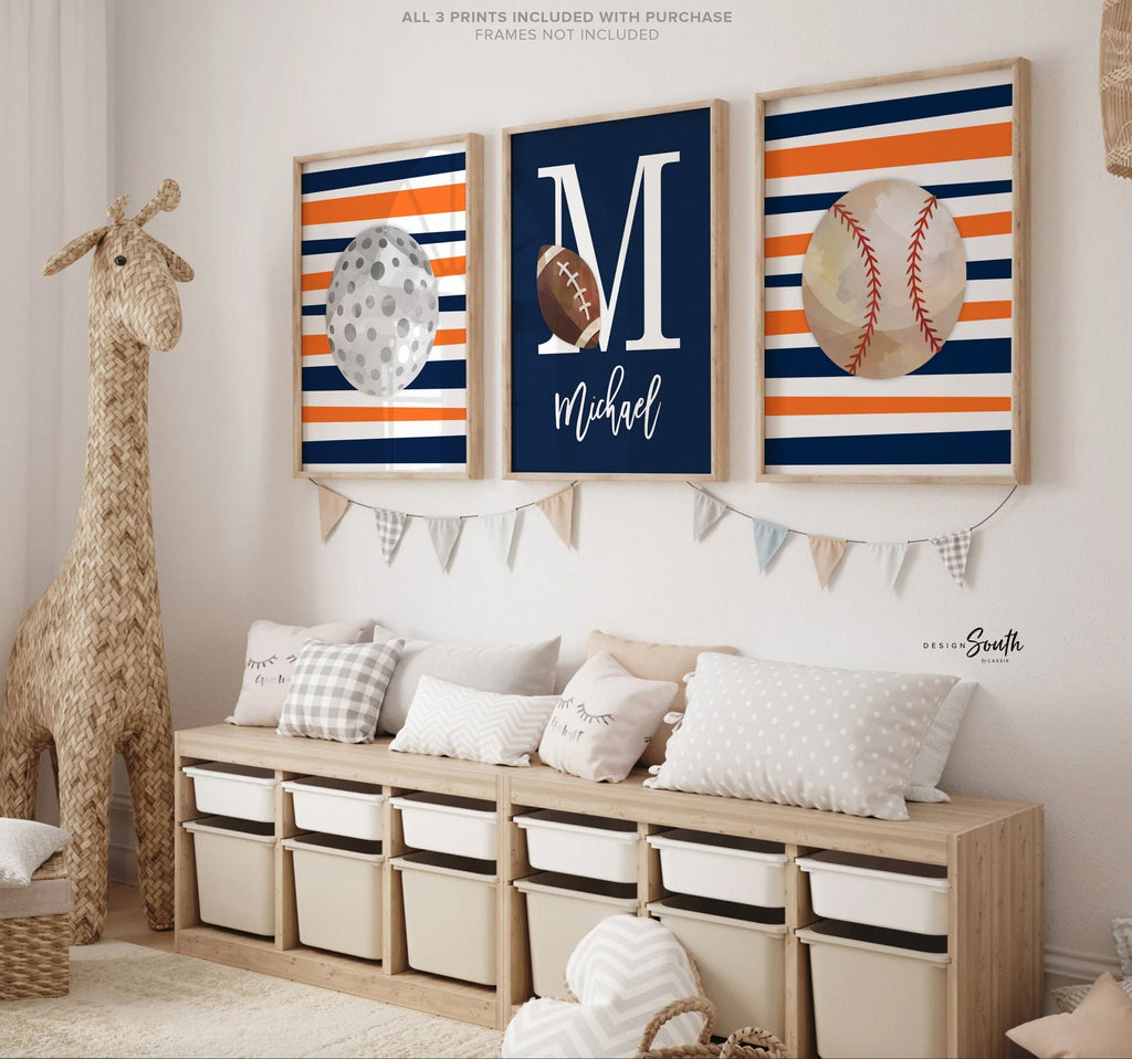 Sports wall art navy blue and orange, retro sports decor gift, sports – Design  South