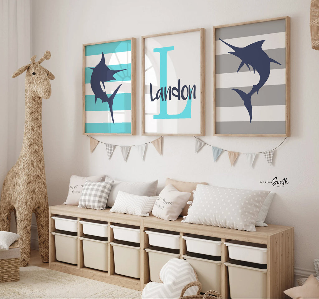 Fish nursery decor lime and navy, boys bedroom wall art, monogram for –  Design South