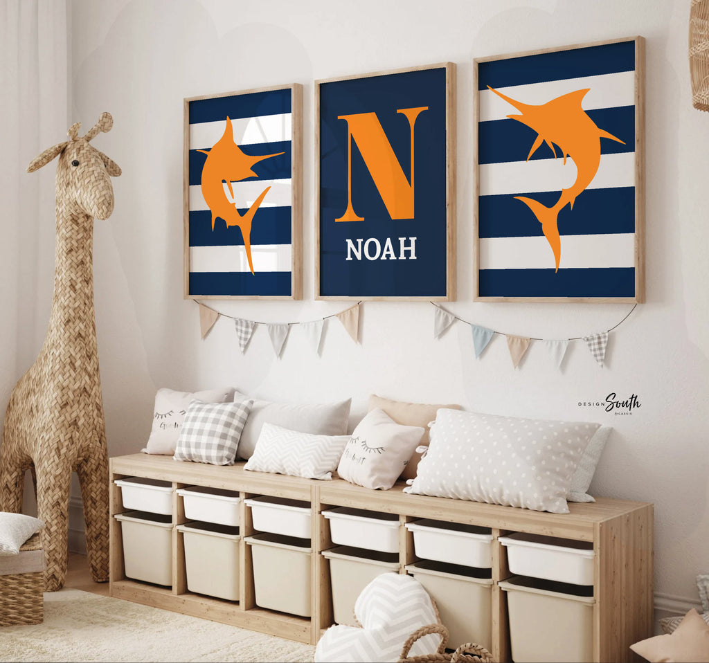 Nautical nursery decor, personalized prints for nursery, orange and na –  Design South