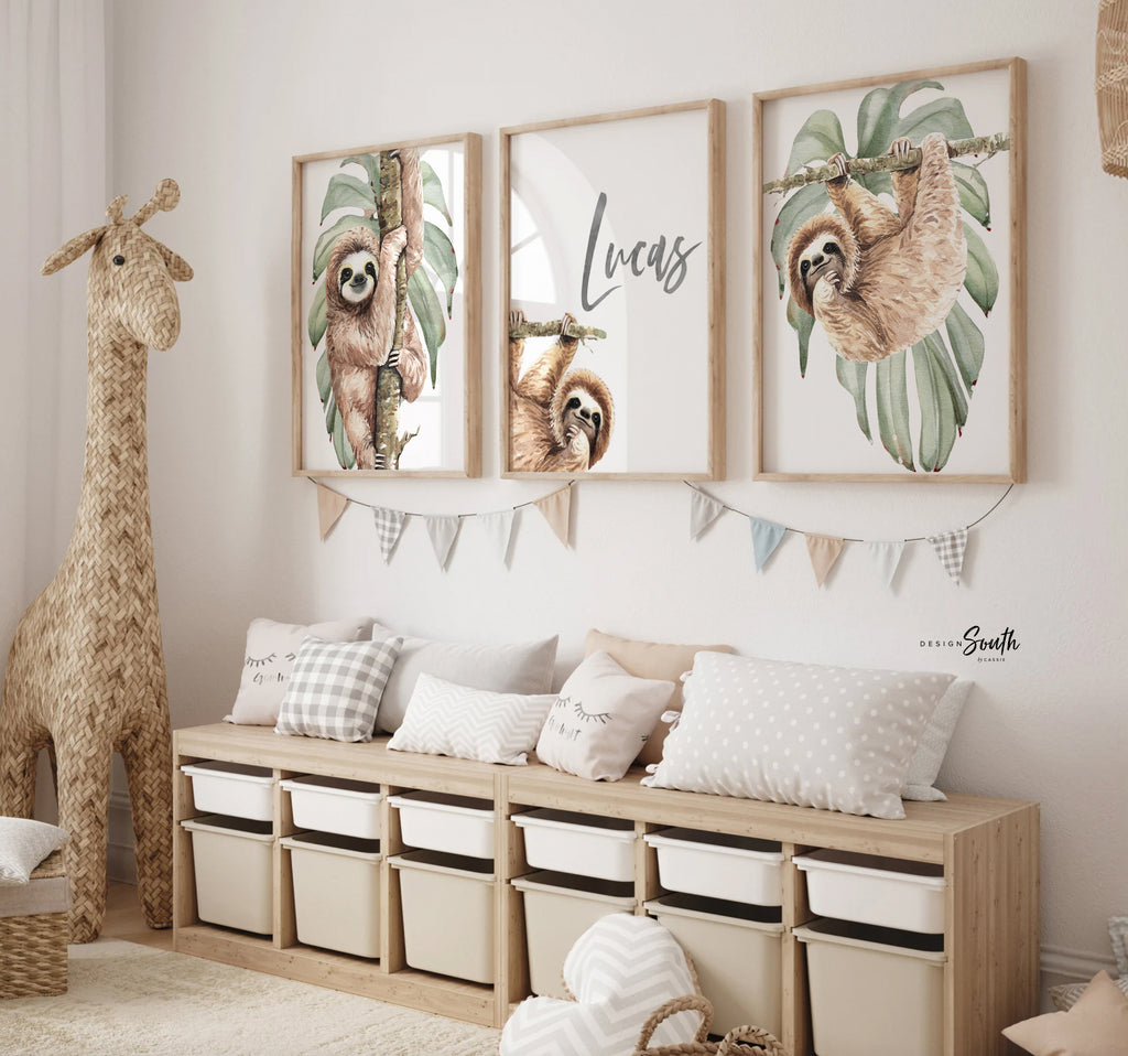 Boy bedroom or nursery gift sloth wall art, sloth themed room personal –  Design South