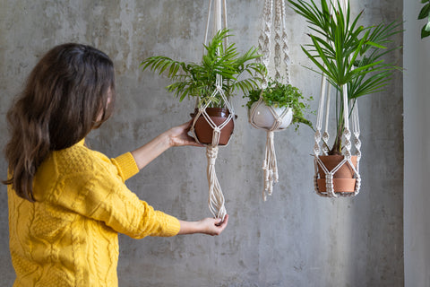 Hanging pots with macrame