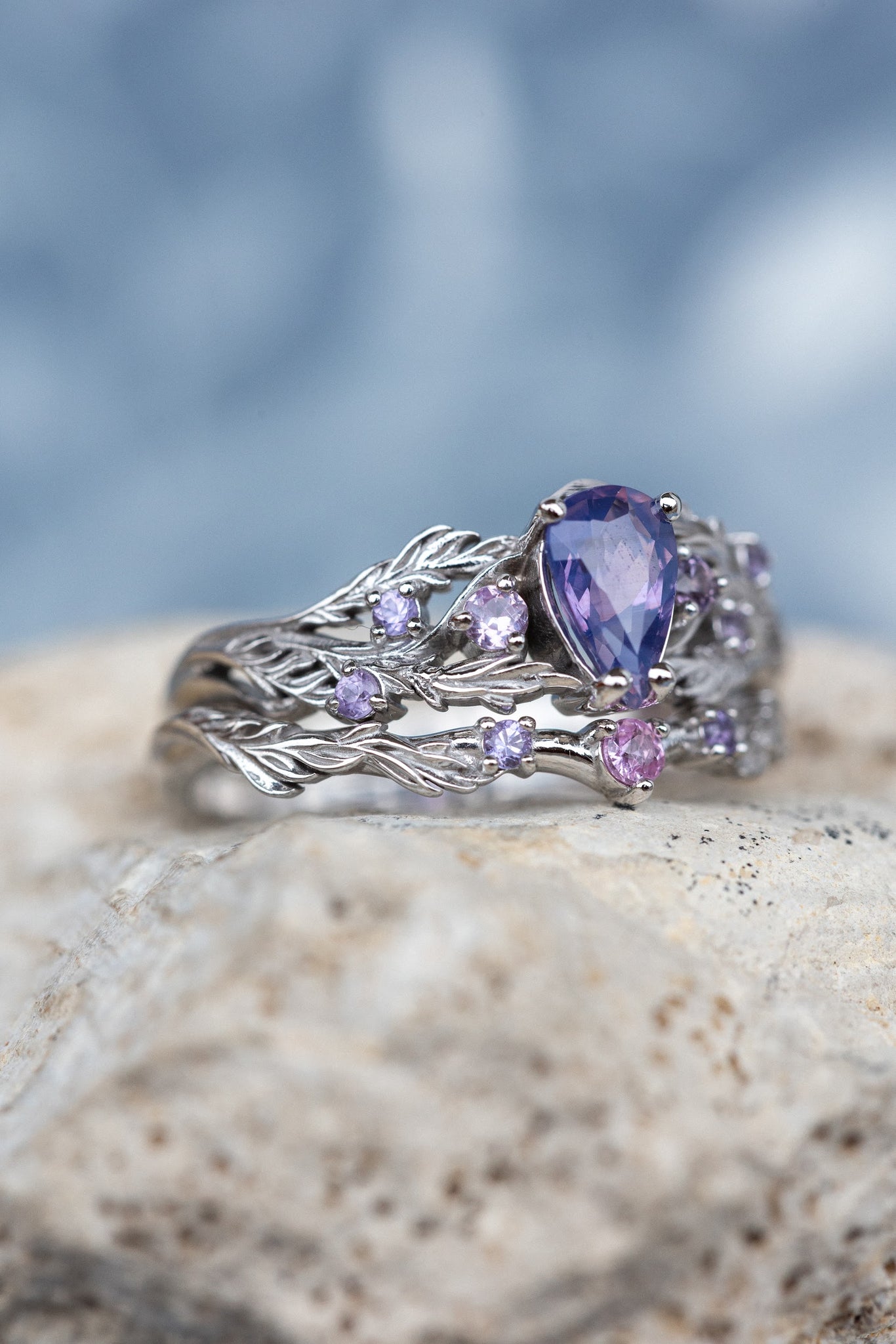 Dorian Floating Teardrop-Shaped Ultra Violet Purple Sapphire Engagement Ring  In 18K Yellow Gold