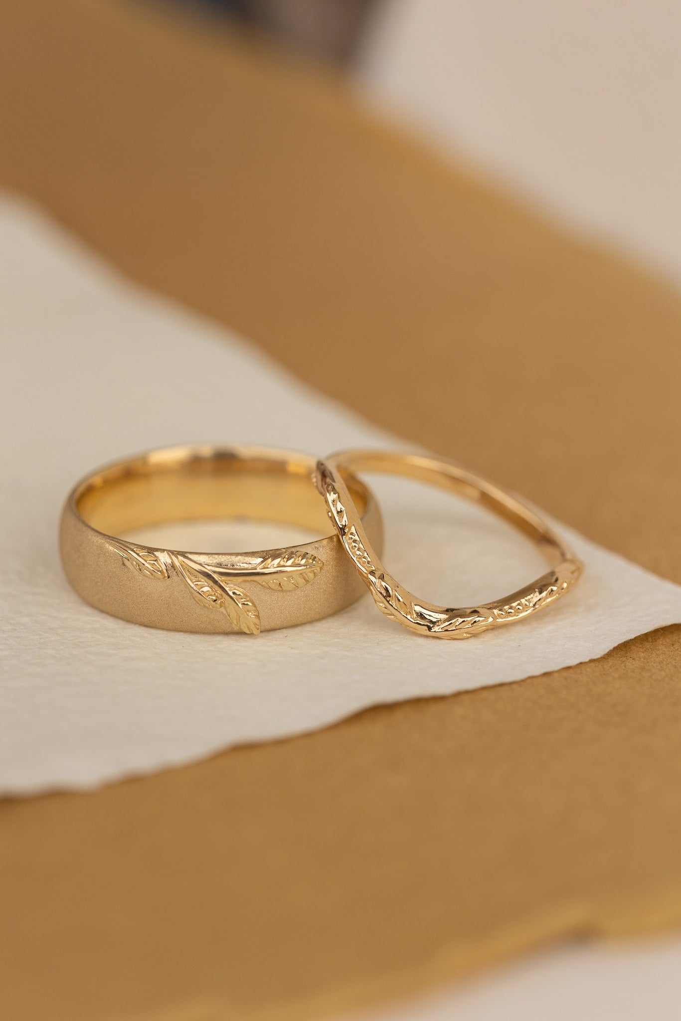 Wedding rings set for couples: satin band with palm leaf for him, wreath  ring with gemstones for her