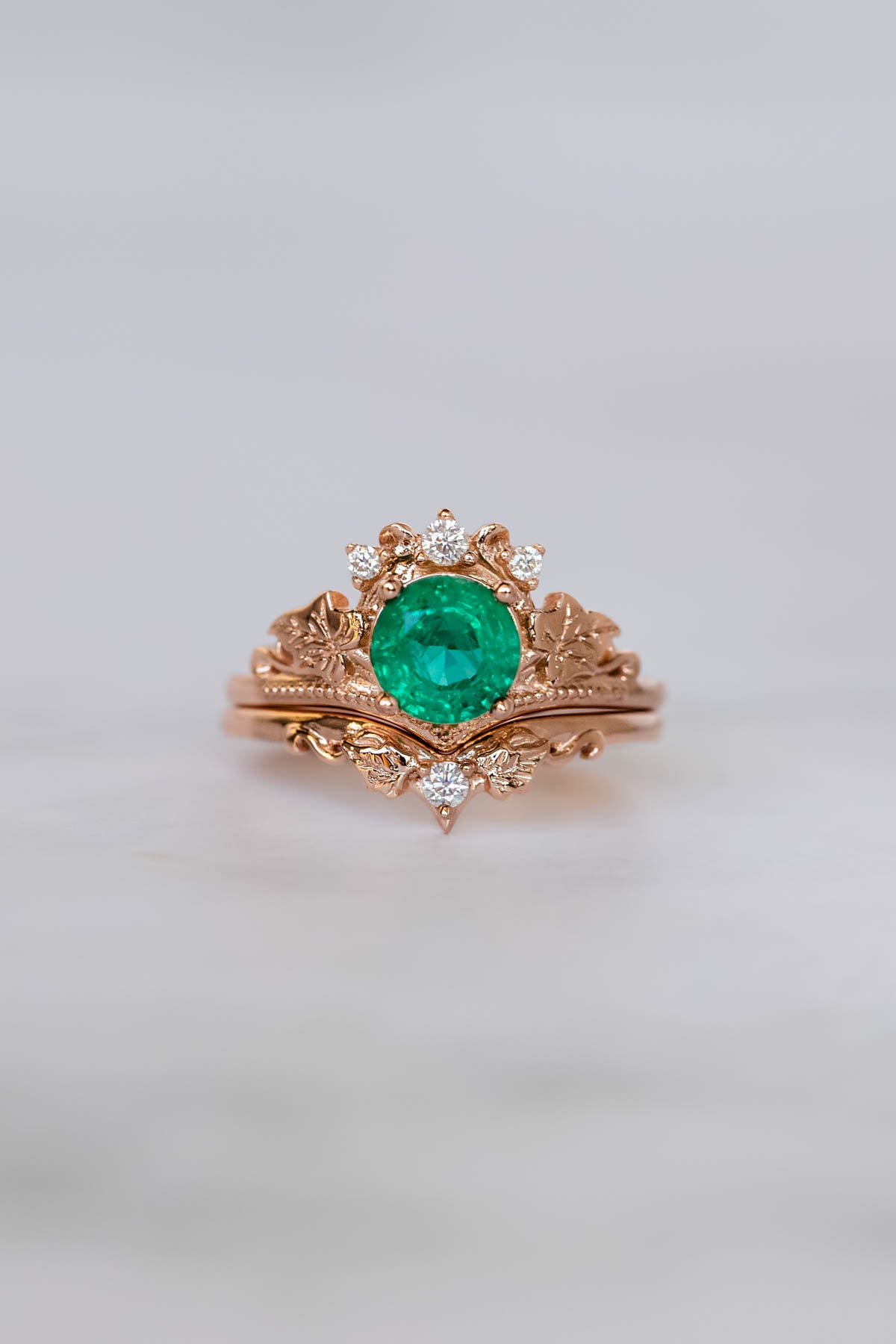 Natural Round Emerald Engagement Ring Set, Fantasy Nature Inspired Stacking Ring Set with Emerald and Diamonds / Verdi