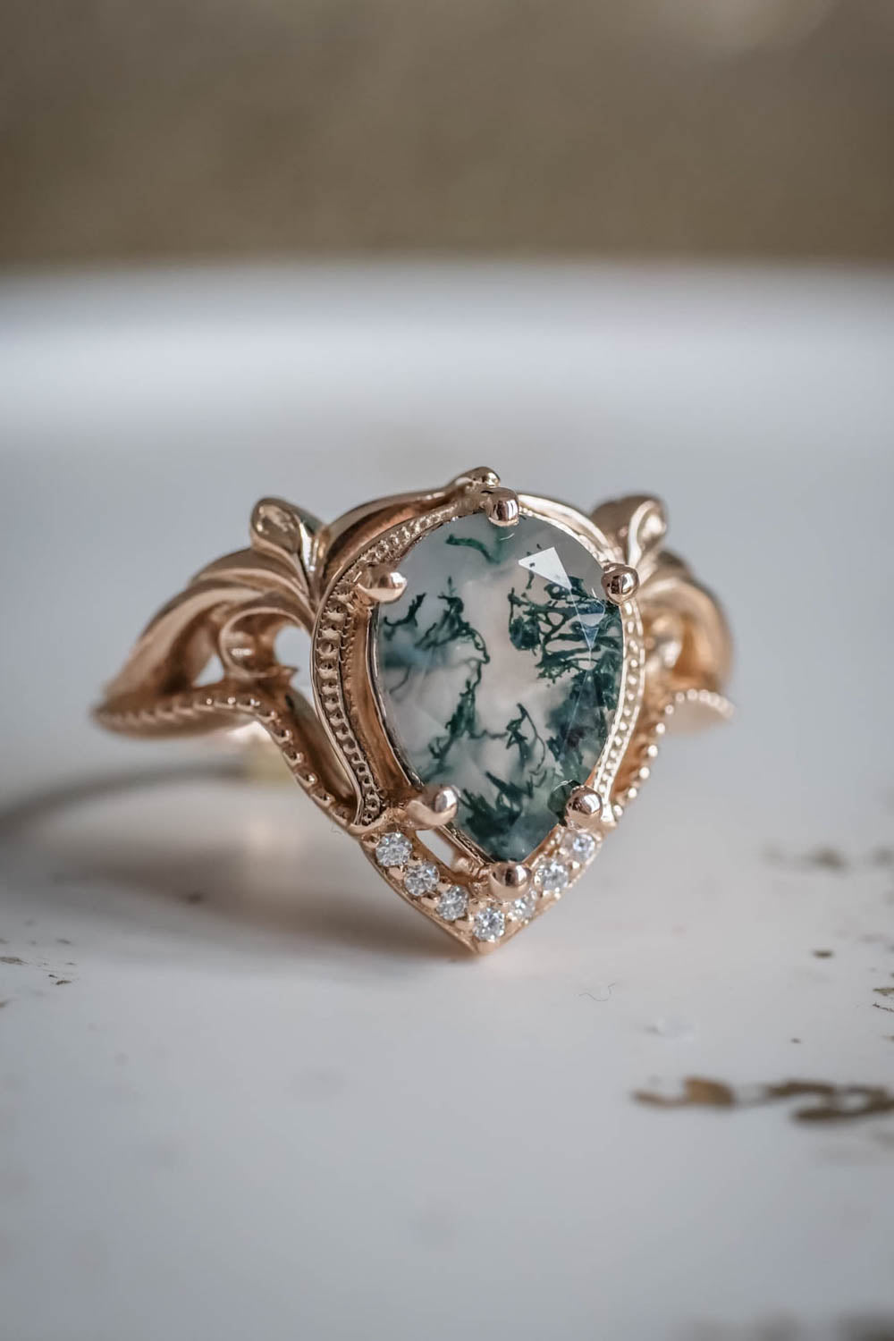 Moss agate rose gold ring, unique statement ring / Lida | Eden Garden ...