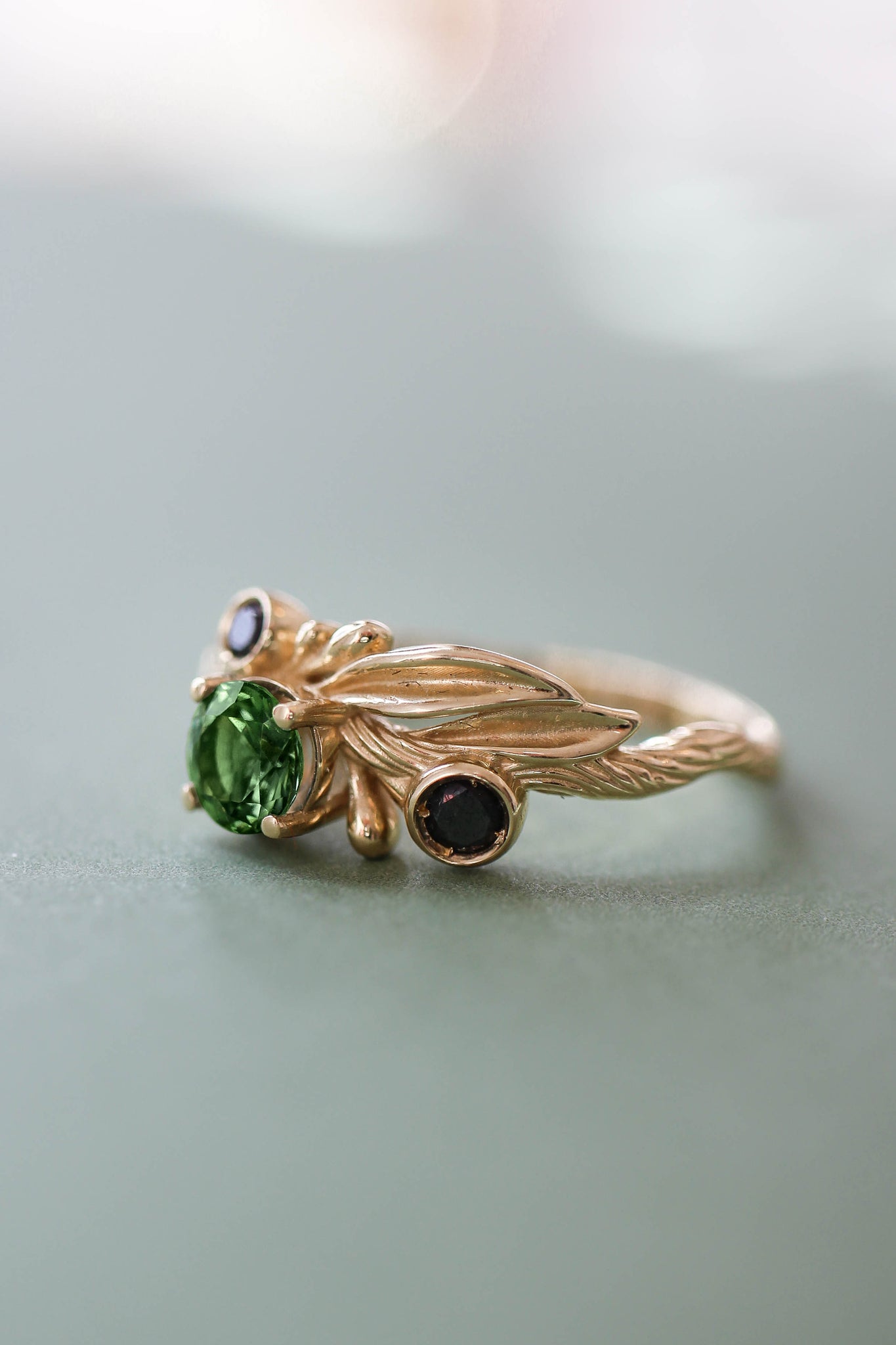 Olive branch ring with green tourmaline and black diamonds / Olivia ...