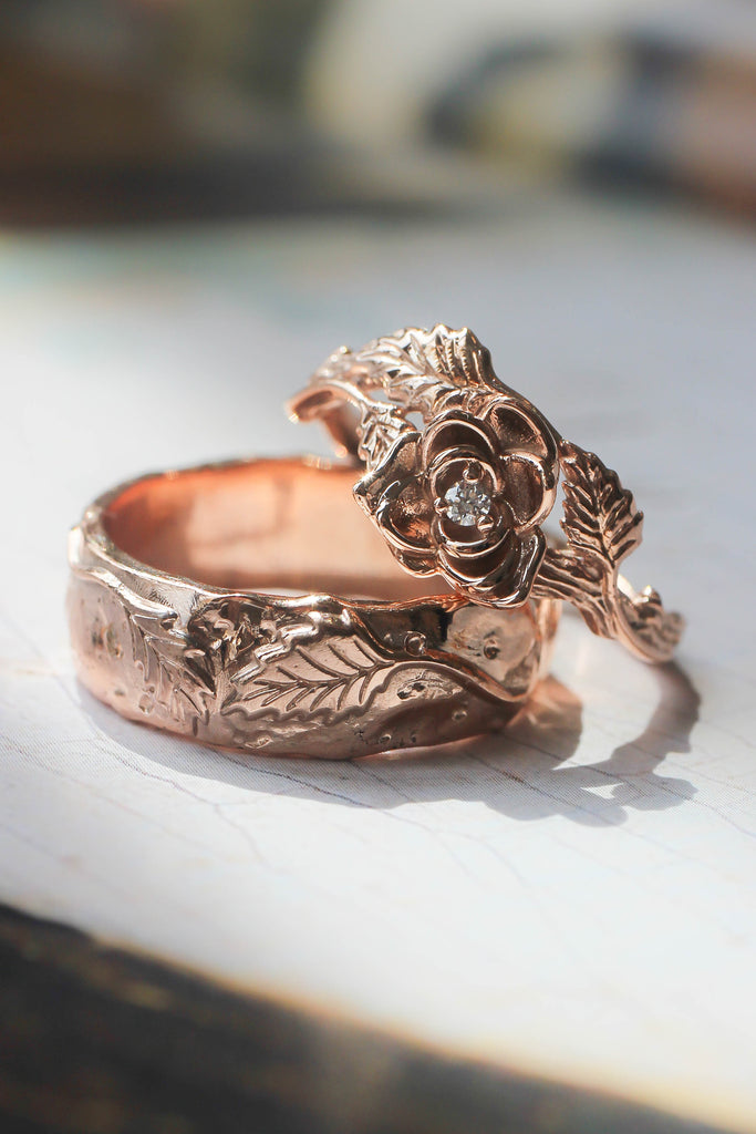 plukke vinden er stærk oversvømmelse Nature wedding bands set: wide ring for him, rose flower ring for her |  Eden Garden Jewelry™